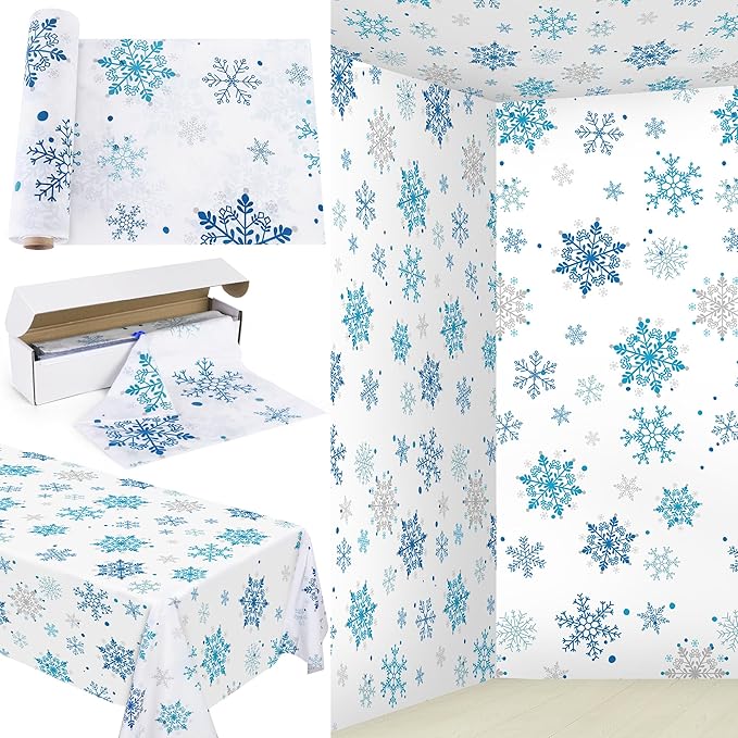 Kochorie 100 Ft x 54 Inch Christmas Snowflake Printed Tablecloth Roll with Cutter Box Disposable Blue and White Winter Snowflake Backdrop Cut to Size Table Cover for Frozen Birthday Party Supplies