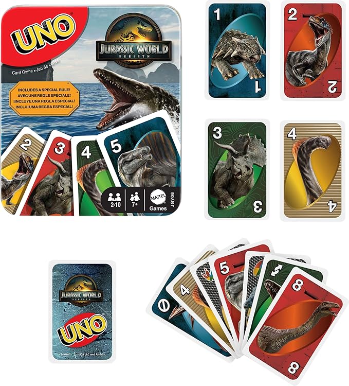 Mattel Games UNO Jurassic World Rebirth Card Game in a Collectible Tin for Kids, Adults & Family with Special Rule & Images Inspired by The Movie