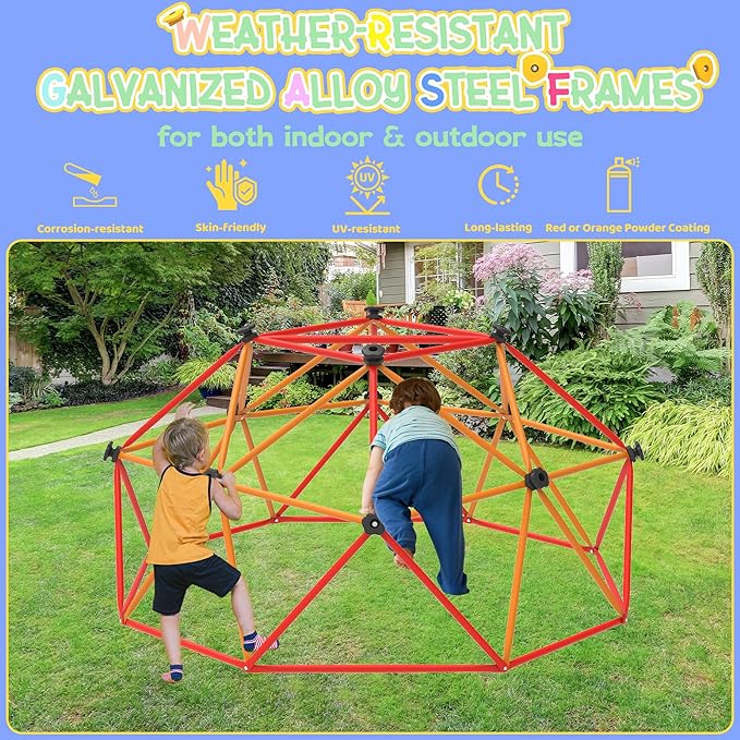 Gardenature 6FT Climbing Dome for Kids 3-8, Jungle Gym for Indoor and Outdoor, Geometric Dome Climber Supporting 880 Lbs Anti-Rust Metal Play Structure, Kids Gift Toys, ASTM Approved, Red & Orange