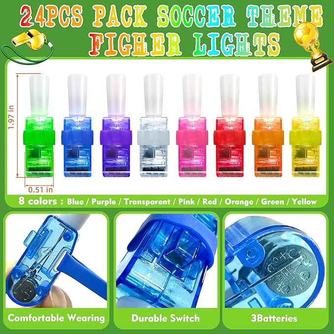 24PCS Soccer Party Favors-LED Finger Lights：Glow-in-the-Dark Light-Up Toys Bulk for Kids Boys Girls,Soccer Theme Birthday Party Decorations Supplies, Goodie Bags stuffers, Classroom Prizes, Fun Gifts
