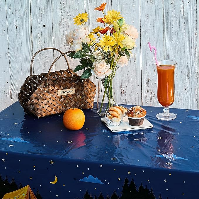 Breling 2 Pieces Camping Party Decorations Camping Tablecloth Plastic Rectangular Campfire Table Cover for Picnic Hiking Adventure Birthday Party Supplies