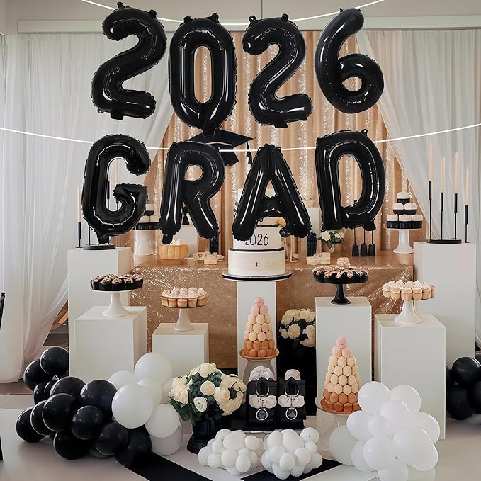 Black 2026 Congrats Balloons, 16 Inch Matte Black 2026 GRAD Foil Balloons Banner Sign for Graduation Decorations 2026, College High School Class of 2026 Graduate Congratulations Party Decor Supplies