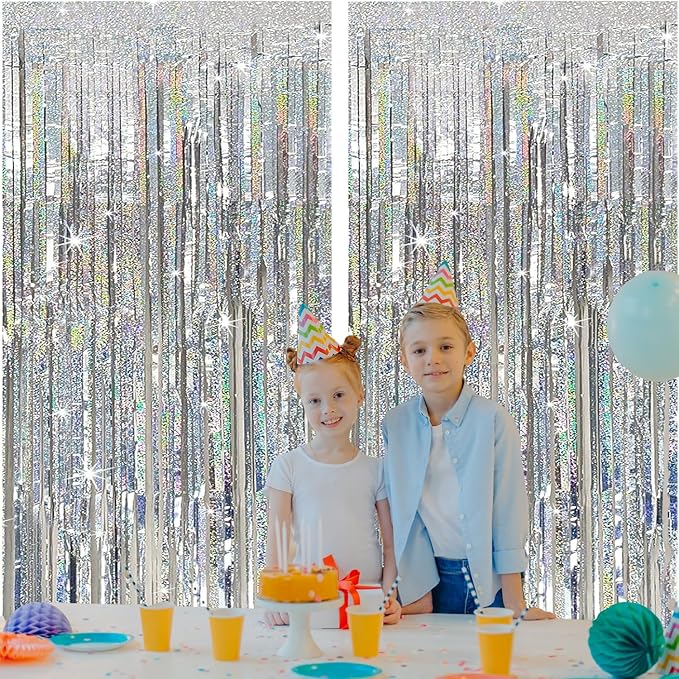 2 Pack Silver Foil Fringe Curtains, 3.3x6.6 Ft Metallic Tinsel Backdrop Party Decorations Door Silver Streamers for Birthday Wedding Engagement Decor,Photo Booth Props, Party Supplies