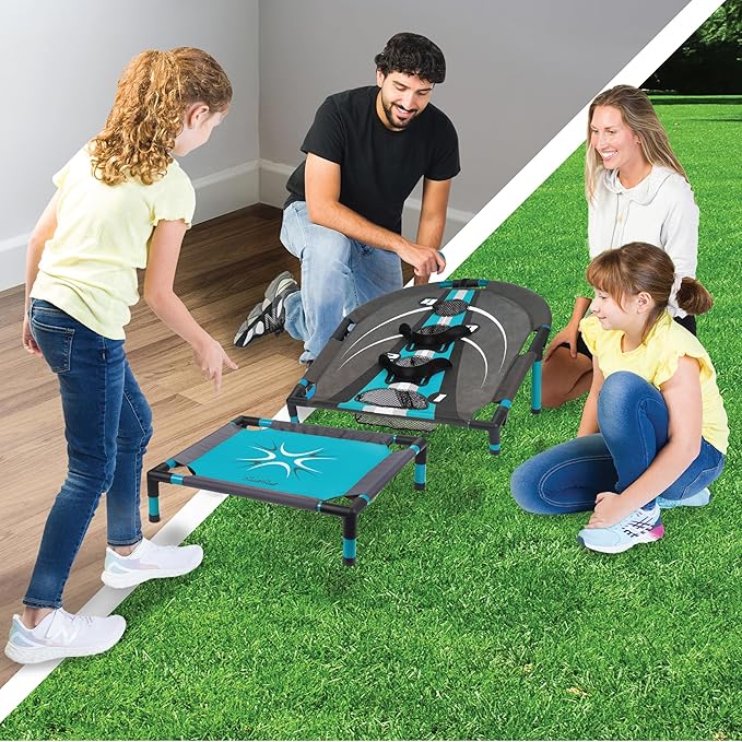 EastPoint Spring Fling Bounce Game - Black/Blue Durable PVC Construction - 6 Balls, 20in Trampoline & 29.5in x 24in Target - Dynamic Reflex Game, Sports Activities for Boys, Organizer for Easy Storage