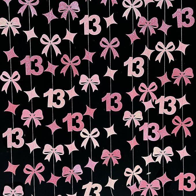 Glitter Pink 13th Bow Birthday Decorations Hot Pink Conquette Bow Garland Streamer Banner Backdrop for Girls Happy 13th Birthday Official Teenager Cheers to 13 Years Old Anniversary Party Supplies