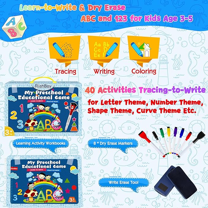 RichBoy Preschool Learning Activities Tracing Books for Kids, Montessori Handwriting Practice Letter Tracing Kindergarten Workbooks, Alphabet Learning Books - 3 4 5 6 Year Old Boy Gifts (40 Pages)