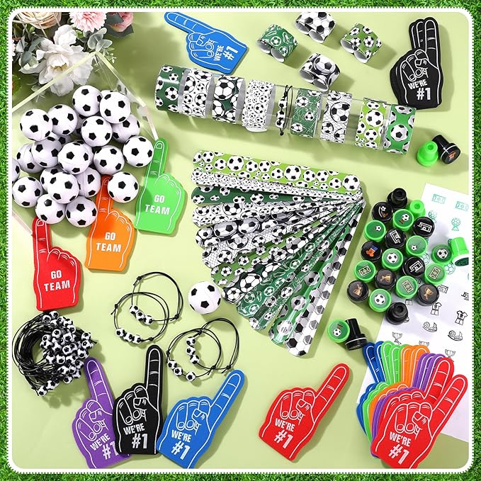 Aoriher 120 Pcs Soccer Sports Party Favors Set Serve 24, Soccer Goodie Bulk Foam Finger Mini Stress Ball Slap Bracelet Charm Bracelet Stamp for Girl Boy Kids Party Supplies