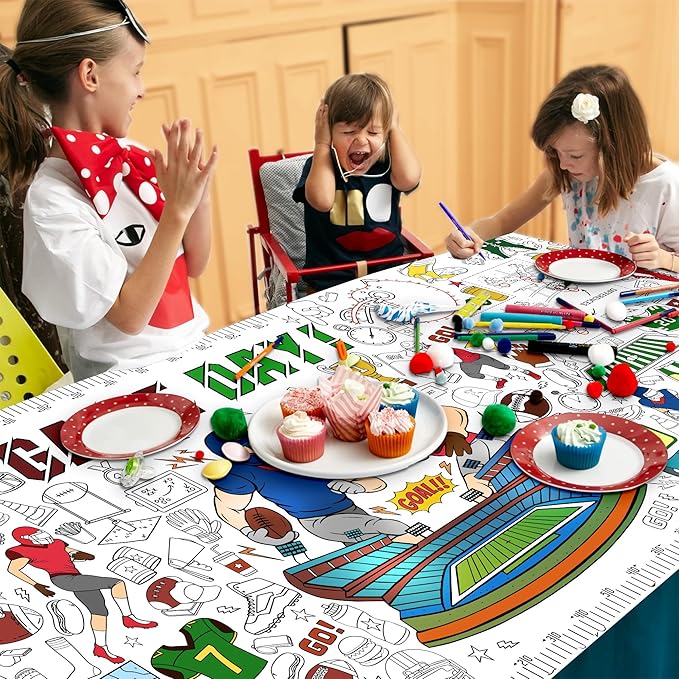 Football Coloring Tablecloth For Kids, Fun 30x72 Inch Poster With Footballs, Helmets, Field Designs, Perfect For Sports Party Games, Game Day Decorations, Classroom Fun, Celebration Supplies