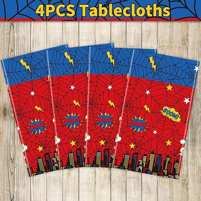 4Pack Spider Web Themed Birthday Party Tablecloths Red Blue Cartoon Plastic Table Cover City Web Theme Table Cloth for Baby Shower Kids Boys Birthday Party Supplies 86X51inches