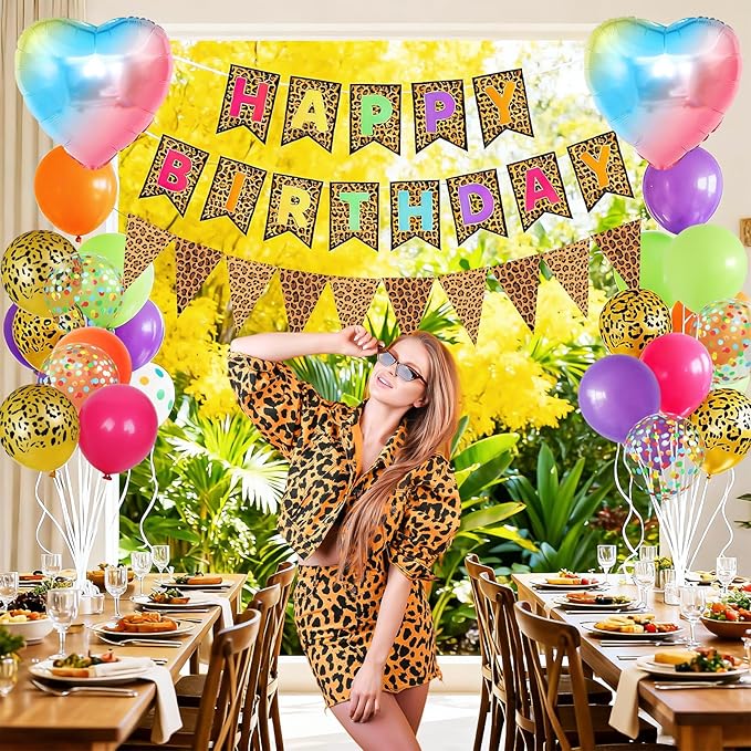 Leopard Print Happy Birthday Decorations, Gold Cheetah Print Animal Balloons Rainbow Heart Balloon with Birthday Banner for Safari Wild Birthday Baby Shower Jungle Zoo Theme Party Supplies
