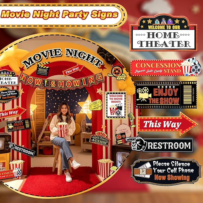 150pcs Movie Night Decorations, Movie Themed Party Decorations, Movie Theater Decor Balloons Arch, Now Showing Popcorn Concessions Banner, Foil Balloons for Movie Night Birthday Party Decorations