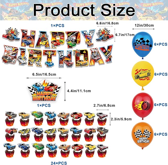 52Pcs Hot Car Birthday Party Decorations, Birthday Party Supplies for Hot Car Includes Banner, Backdrop, 24 Balloons, Cake Topper, 24 Cupcake Toppers, TableCloth