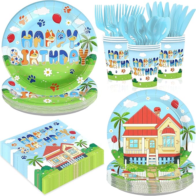 168 Pcs Blue Dog Birthday Party Decorations Blue Birthday Girl Plates and Napkins Dog Tableware Set for Spring Boys Girls themed Birthdays Baby Shower Party Supplies, Serves 24