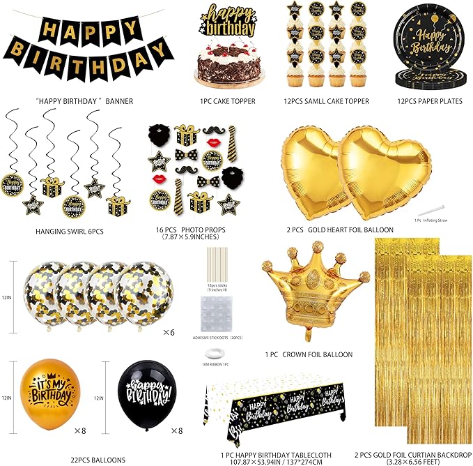 Black and Gold Birthday Decorations - Party Supplies Kit with Tablecloth, Paper Plates, Photo Props, Crown Foil Balloon, Fringe Curtains, Cake Toppers and Banner for Men Women 18th 21st 30th 40th 50th