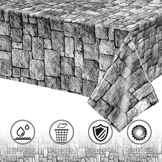 Irenare Halloween Stone Wall Tablecloths, Medieval Castle Party Decorations Supplies Disposable Plastic Brick Stone Tablecloth Brick Wall Table Covers for Birthday Party Favors(8 Pack,108 x 54 Inch)