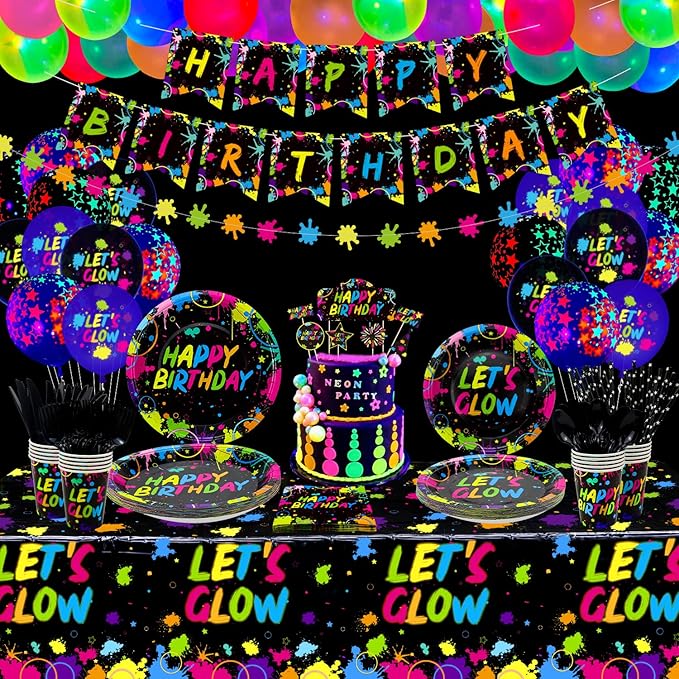 225 Pieces Glow Neon Party Supplies - Balloon, in the Dark Birthday Banner, Garlands, Cake Topper, Tablecloth, Plates, Napkins and Cup for Blacklight Decorations, Serves 20 Guest