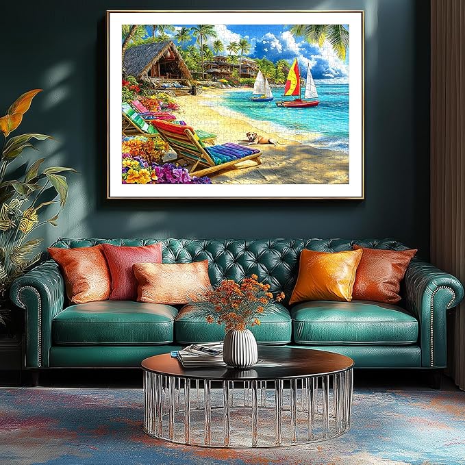 500 Piece Jigsaw Puzzle for Adults Tropical Beach Summer Scene with Sailboats & Palm Trees, Relaxing Vacation Puzzle with Letters on Back Fun Gift for Seniors, Family, Adults (23x15 Inch)