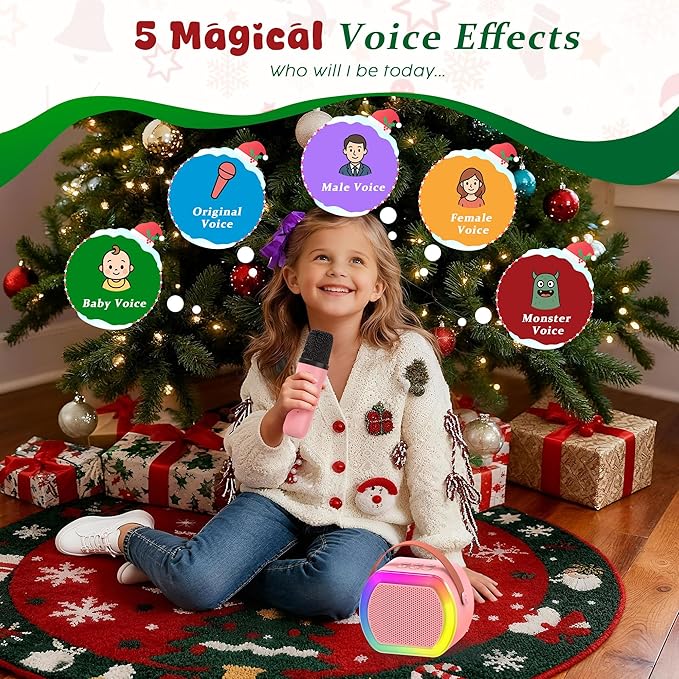 Mini Karaoke Machine with 2 Wireless Microphones, Kids Portable Karaoke Machine for 3, 4, 5, 6, 7, 8, 9, 10, 11, 12+ Year Old, Best Birthday Christmas Toy Gift-Stocking Stuffers for Girls
