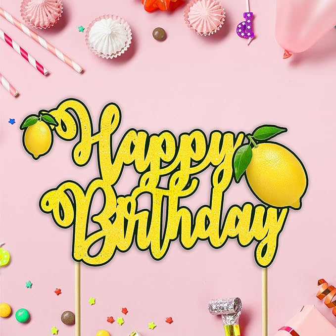 Lemon Happy Birthday Cake Topper – Fresh Fruit Theme Cake Decoration for Birthday Celebration, Lemon Inspired Dessert Topper for Party Cakes, Table Display Styling, Photo Setup.