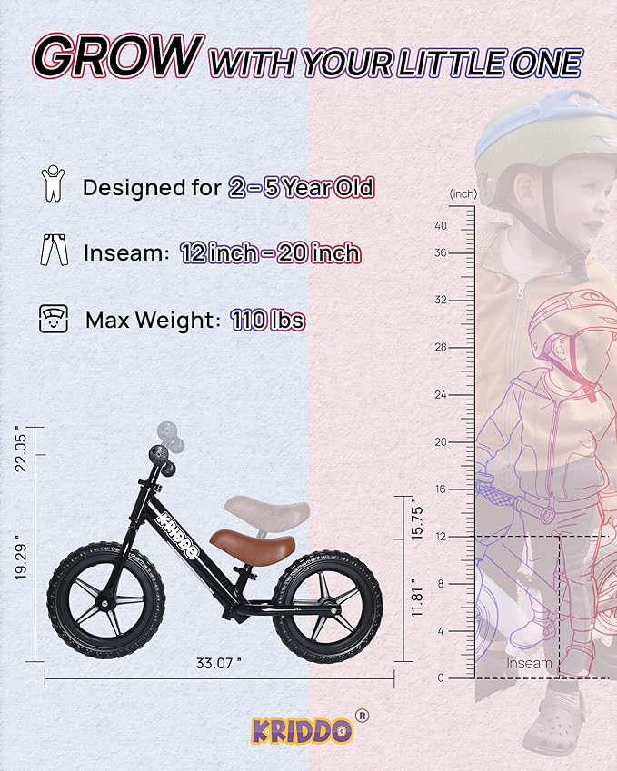 KRIDDO Toddler Balance Bike 2 Years Old, 12-Inch Colorful Lighting-Up Push Bicycle with LCD Writing Tablet, Steady Balancing, Gift Bike for 2-5 Boys Girls, LED-Black