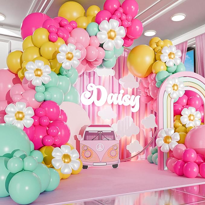 ALL-IN-1 Daisy Balloons Garland Kit & Arch with BONUS Daisies – Small and Large Pastel Pink Green Yellow Two Groovy Balloons – Daisy Party Decorations for Birthday or Baby Shower – Hippie Retro Floral