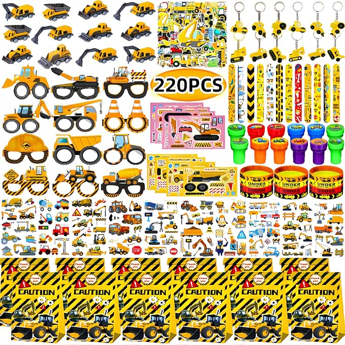 208PCS Construction Birthday Party Favors,construction birthday party supplies,excavator birthday decorations-Available for 12 People.