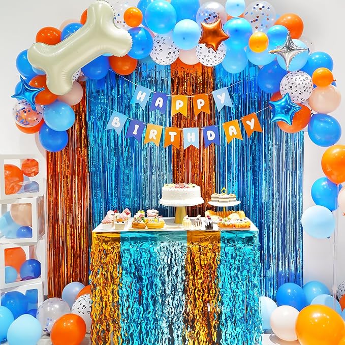 Blue Dog Birthday Party Decorations Supplies, Blue Tinsel Foil Fringe Curtain Backdrop Table Skirt Decor Balloon Garland Arch Happy Birthday Banner Kit for Boy Girls -110 Pcs
