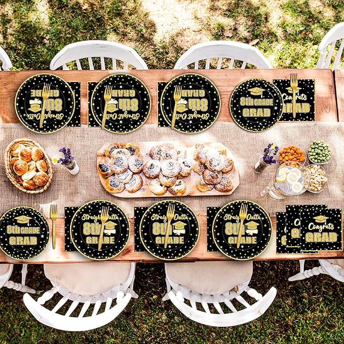 96 Pcs 8th Grade Grad Party Supplies for 24 Guests Eighth Grade Tableware Plates Napkins Teens Graduation Dinnerware Table Decorations for Congrats Grad Party Supplies Straight Outta 8th Party Favors