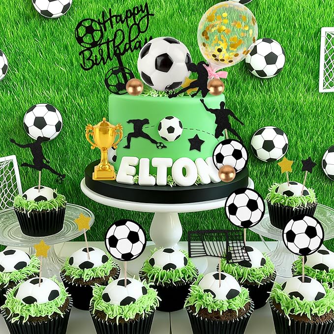 Hooqict 28Pcs Soccer Cake Decorations Set with Mini Balls, Players, Goal, Balloon, Soccer Ball Cake Toppers & Cupcake Toppers for Kids Boys Men Sports Themed Birthday Party Decorations Supplies