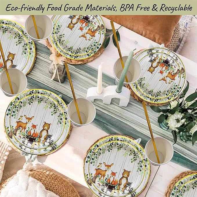 121Pc Woodland Baby Shower Decorations For Boy Or Girl, Birthday Party Supplies, Heavy Duty Sage Green Tablecloth, Paper Plates, Napkins, Straws And Cups, Forest Animal Friends Tableware Set Serves 24
