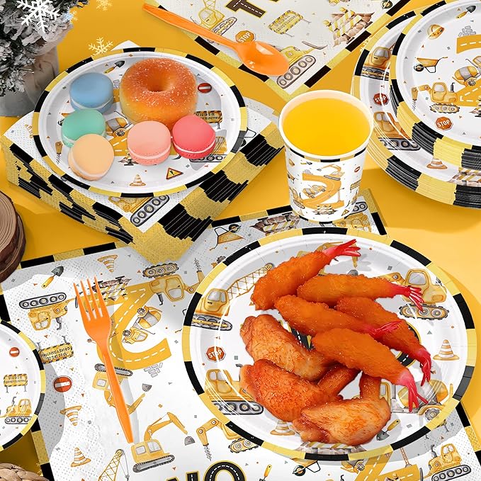 168pcs Construction 2nd Birthday Party Decorations 2nd Plates Napkins Tableware Set Disposable Paper Cups for Boys Construction Two Years Old Party Supplies Serves 24
