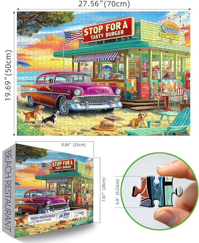 Blueforest Vintage Beach Hamburger Store 1000 Piece Puzzle for Adults & Teens - Challenging Retro Diner Jigsaw with Coastal Decor | Gift-Ready Wall Art for Game Nights