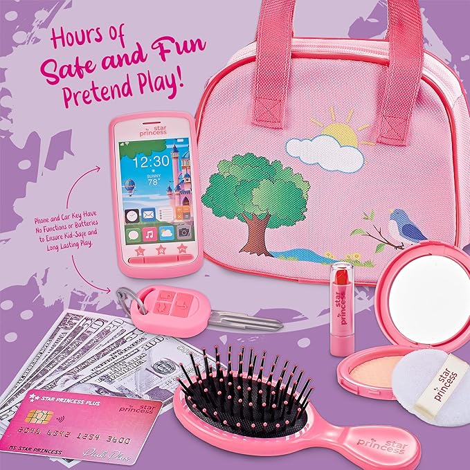 Toddler Play Purse for Kids with Accessories, Toys for Girls with Pretend Makeup, Keys, Smartphone, Dress Up Toy Purse for Toddlers and Kids - Birthday Gift for Little Toddler Girls Ages 3 4 5 6, Pink