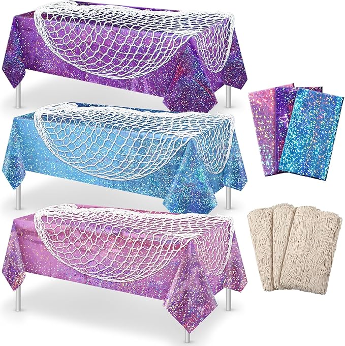 Unittype 6 Pcs Fish Net Decorative and Tablecloth Set, Cotton Fishnet and Plastic Table Cover Decorations Set for Nautical Themed Party Baby Shower Pirate Decorations Mermaid Party(Laser Shine)