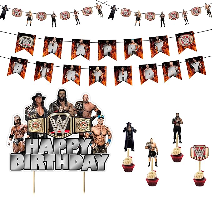 WWWE Theme Birthday Party Supplies – Wrestling Birthday Decorations for Boys Party Pack, Wrestler Cake Toppers, Banners & Garland - Birthdays Decoration Set.