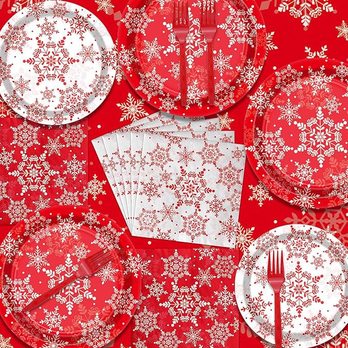 Christmas Snowflakes Plates Set for 20 Guests, Including Red Snowflakes Tablecloth, Napkins, Forks and Plates for Xmas Winter Holiday New Year Party Decorations