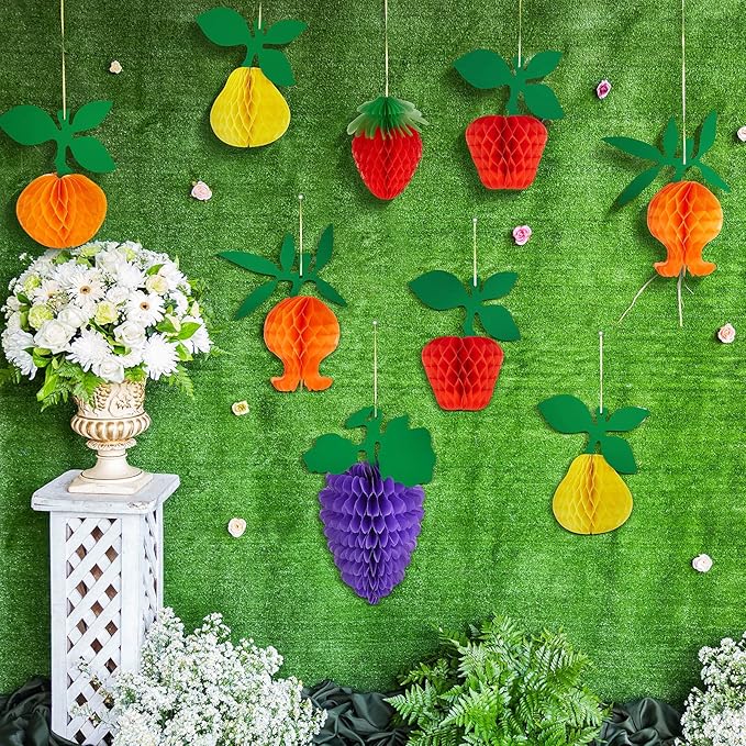 Outus 12 Pcs Fruit Party Decorations Honeycomb Hanging Tissue Paper Ball Strawberry Apple Table Centerpieces for Dancing Fruit 1st Birthday Decorations Twotti Hawaiian Tropical Themed Party Supplies