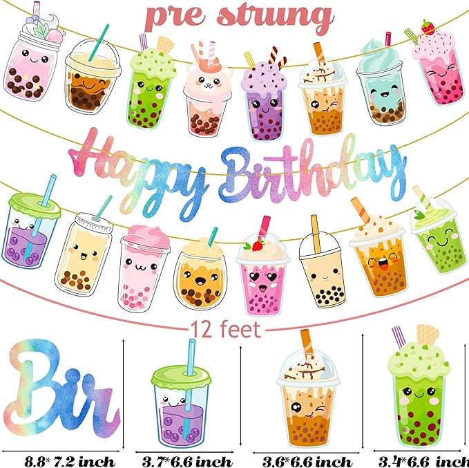 Bubble Tea Birthday Party Decoration Bubble Milk Tea Theme Colorful Happy Birthday Banners for Boba Theme Birthday Party Baby Shower Supplies