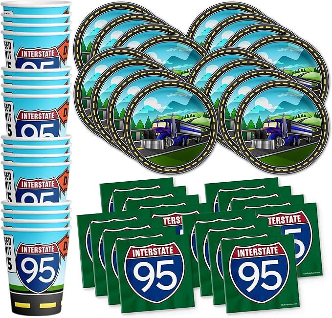 Semi Truck (Tractor Trailer) Birthday Party Supplies Set Plates Napkins Cups Tableware Kit for 16
