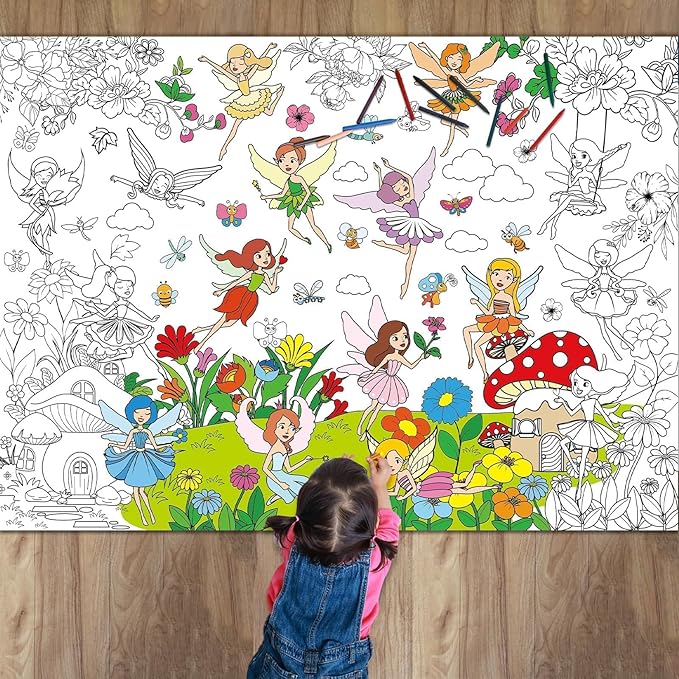 Fairy Garden Coloring Poster for Kids Giant Spring Coloring Poster Large Fairy Party Flower Coloring Tablecloth Jumbo Coloring Books for Kids Classroom Home Birthday Party Supplies Favor