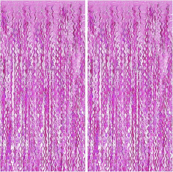 2 Pack Pink Wavy Foil Fringe Curtains, 3.3x6.6 Ft Metallic Tinsel Wavy Backdrop Party Decorations Door Pink Streamers for Birthday Wedding Engagement Decor,Party Supplies