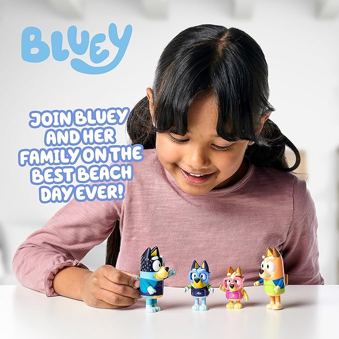 Bluey Toys 4-Pack Exclusive 2.5-3" Chilli, Bingo, Bandit Beach Figurines, Poseable Figures with Bag Outdoor Beach Toy for Kids Accessory