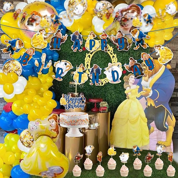 "Bauty & The Bast Theme Birthday Party Supplies – Princess Fairy Tale Party Decorations – Includes Happy Birthday Banner, Cake Topper, Cupcake Toppers, Garland & Table Décor for Celebrations"