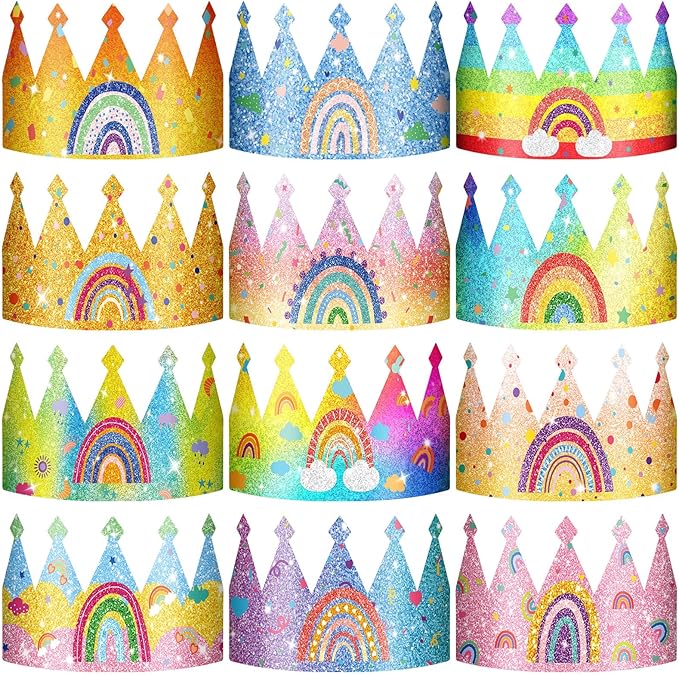 Sinmoe 32 Pcs Rainbow Birthday Party Crown for Kids Birthday Party Hats Rainbow Glitter Decorations Paper Crowns Headband for Girls Birthday, Rainbow Party Supplies, Classroom Activities,12 Styles