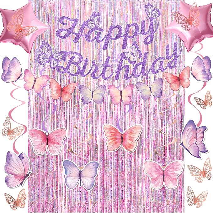 33Pcs Purple Happy Birthday Decorations for Women, Butterflies Birthday Decorations Purple Butterfly Decorations with Banner Hanging Swirl for Women Girl Butterfly Theme Party Supplies