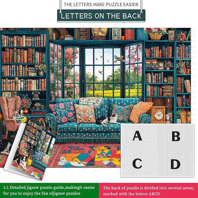 Jigsaw Puzzles for Adults 1000 Pieces, Interlock Perfectly Letter on Back No Dust, Home Decor Birthday Party Gift Toy for Men Women Elders Seniors, 1:1 Poster-Cozy Study