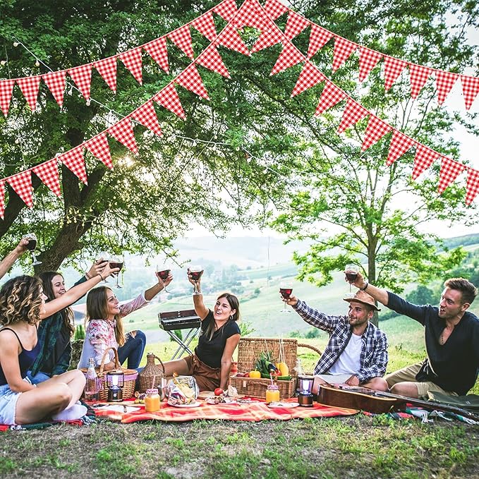 Boao 10 Strips Red and White Checkered Banner 98 ft Gingham Pennant Banner Flag Paper Pennant for BBQ Picnic Carnival Theme Birthday Wedding Pizza Festivals Party Decorations Outdoor Home Decor