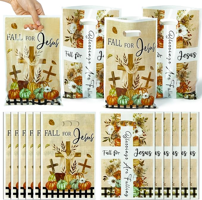 50Pcs Fall for Jesus Christian Religion Party Favor Bags, Fall Thanksgiving Party Gift Bags, Autumn Cross Pumpkin Goody Treat Bags, Fall Themed Party Decoration for Thanksgiving Harvest Party Supplies