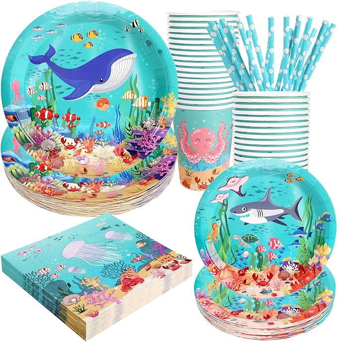Under the Sea Birthday Party Supplies Decorations, Ocean Theme Paper Plates and Napkins Set for 24 Guests, 120 Pcs Disposable Sea Animals Party Dessert Dinnerwares