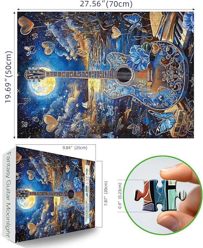 1000 Piece Jigsaw Puzzles for Adults- Fantasy Guitar Moonlight Puzzle - Blue Night Sky with Butterflies Challenging Puzzles for Gifts Party Games Family Fun, Puzzle Size 27.55 * 19.68 in